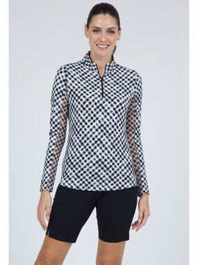IBKUL Gingham Check Long Sleeve Mock Neck Top L Black/White Quick Dry UPF 50+